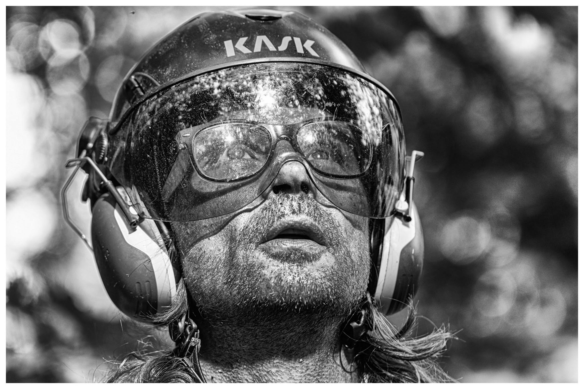 Arborist in helmet and visor assessing work overhead