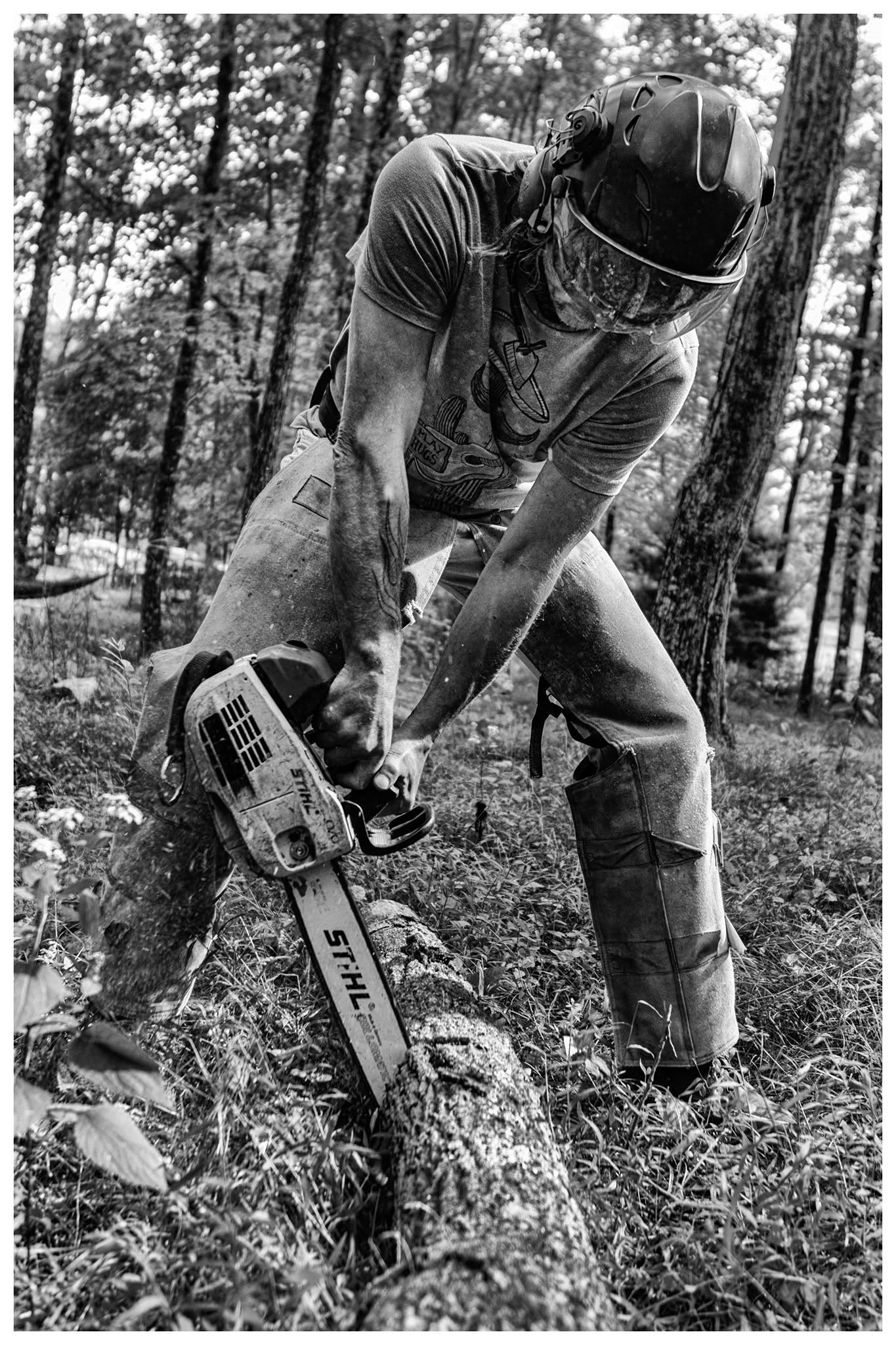 Crew member cutting a fallen log with a chainsaw